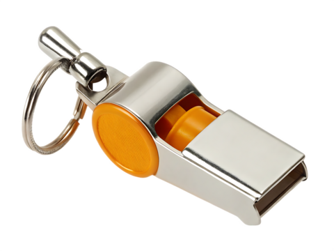 Metal whistle with orange detail isolated on white background.png