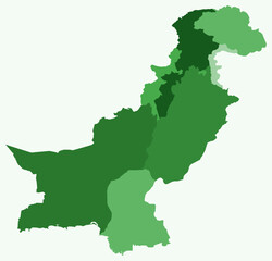 Obraz premium Map of Pakistan with regions. Just a simple country border map with region division. Green color palette. Blank Islamic Republic of Pakistan shape with administrative division. Vector illustration.