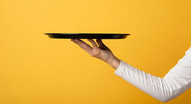 Hand holding black serving tray against yellow background  