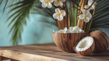 Tropical coconut with flowers on wood background for exotic vacation spa health relaxation natural therapy scene