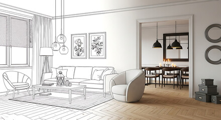 Living room interior in minimalist outline design with modern decor  Combination of photo and sketch  drawing