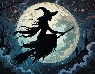 Una silueta de una bruja volando en un palo de escoba en una atmósfera caprichosa y onírica, rodeada de estrellas y luna llena