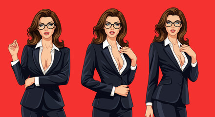 Adobe illustrator artwork vector illustration: Pop art pin-up style illustration featuring set of elegant businesswomen or secretary in short black dresses and glasses against a vibrant background