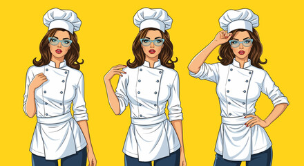 Adobe illustrator artwork vector illustration: Pop art pin-up style illustration featuring set of charming female chefs in white uniforms, hats, and glasses against a vibrant yellow background