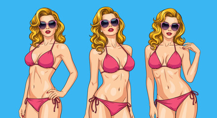 Adobe illustrator artwork vector illustration: Pop art pin-up style illustration featuring set of glamorous women with swimwear bikinis against a vibrant background