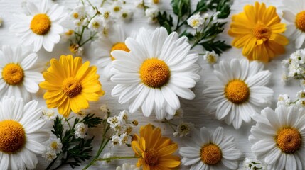 A vibrant arrangement of daisies and smaller white flowers fills the space with cheerful colors. The composition is bright and fresh, evoking a sense of summer tranquility.