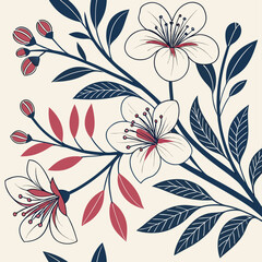 Modern Botanical Flower Illustration – Minimal Line Art with Red and Navy Leaves