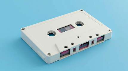 A white audio cassette tape, with visible magnetic tape inside, lies diagonally on a solid, bright blue background, evoking retro nostalgia.