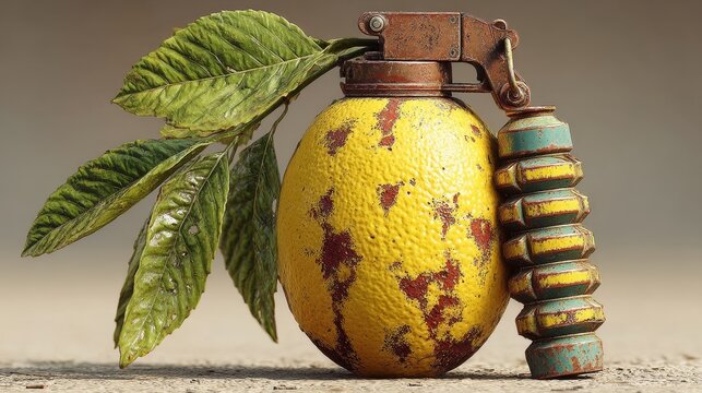 Rustic lemon grenade with leaves: juxtaposition of nature and mechanism