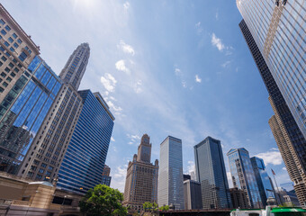 Vibrant sunny view of Chicago downtown skyline under a blue sky