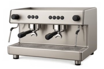 Modern, shiny espresso machine isolated on transparent background, ready to brew