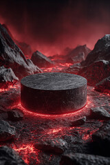 Empty black stone podium against the background of molten lava of a volcano. Mockup design and product presentation concept. Digital illustration for poster, banner, card, template