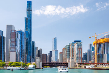 Vibrant sunny view of Chicago downtown skyline under a blue sky