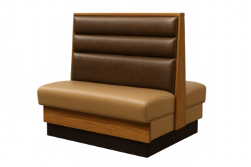 Comfortable brown leather restaurant booth with oak wood trim on transparent background