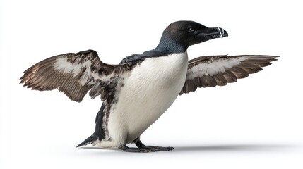 Fototapeta premium A puffing auk with outstretched wings against a white background