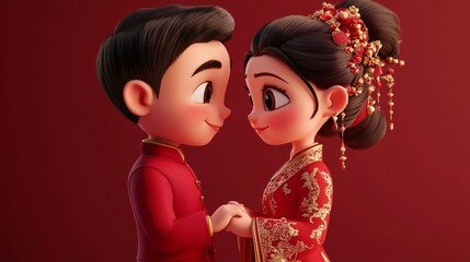 Animated couple in traditional red wedding attire with joyful expressions