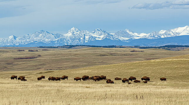 landscape of a herd of bezons on an alpine meadow against a cloudy sky