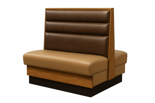 Comfortable brown leather restaurant booth with oak wood trim on transparent background