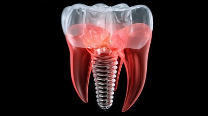 Transparent tooth with dental implant showing internal structure and nerve