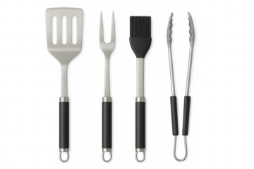 Barbecue utensils set with spatula, fork, brush and tongs on transparent background