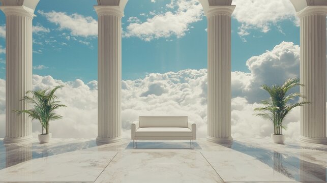 Bright classical marble terrace with pillars overlooking clouds in ethereal fantasy architectural paradise dreamlike scene