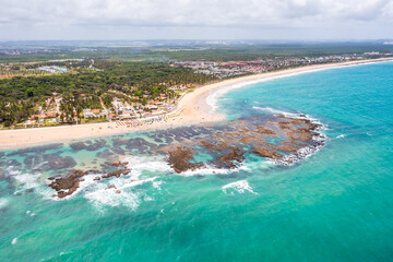 Aerial view of the Pontal do Cupe beach and its reefs in Pernambuco, Brazil.