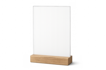 Blank acrylic sign holder on wooden base with transparent background