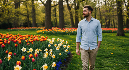 A man walking in a park with flowers in the background and trees on a sunny day in the springtime