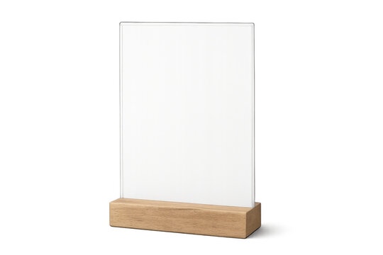 Blank acrylic sign holder on wooden base with transparent background