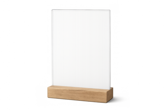 Blank acrylic sign holder on wooden base with transparent background