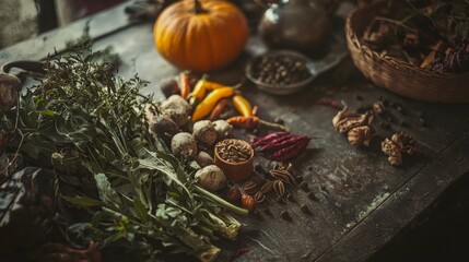 Rustic autumn vegetables and spices on wooden table natural harvest season ingredients organic culinary still life