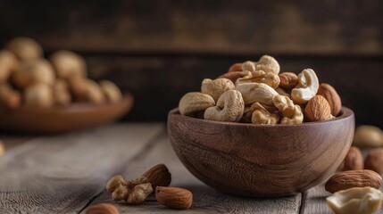Wooden bowl full of assorted mixed nuts on rustic table healthy natural food protein organic snack