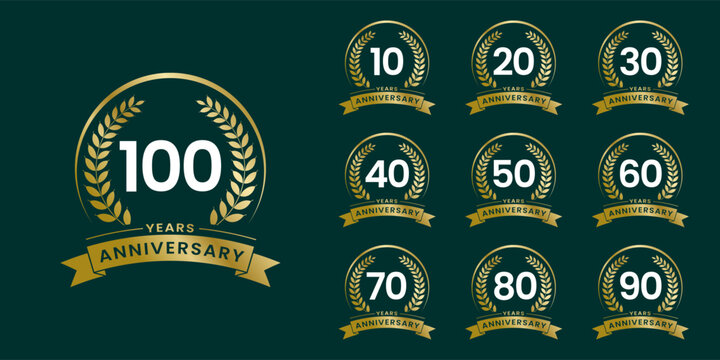 Set of vector icon or logo designs for 10th to 100th anniversary with laurel wreath, in gold color for celebrations, weddings and birthdays