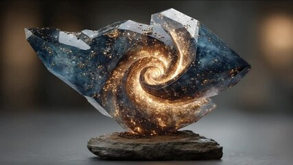 Mystical Crystal: Captivating Spiral Galaxy Inside a Gemstone Displayed on a Stone Base
