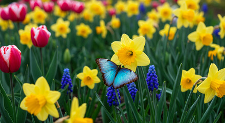 A vibrant butterfly perched on a daffodil amidst a field of tulips and grape hyacinths in full bloom