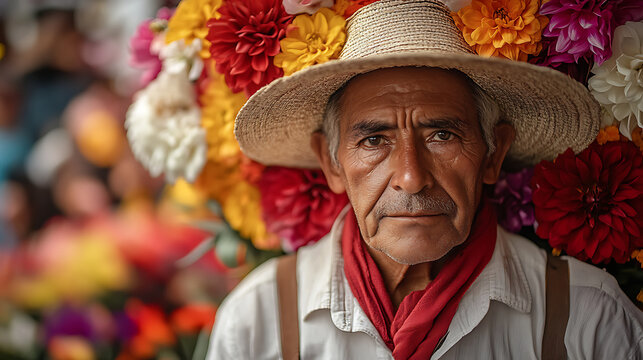 A close-up portrait-style capture of a silletero during the Feria de las Flores in Medell&iacute;n, his face weathered but proud, framed by a burst of flowers rising behind him in a circular silleta.
