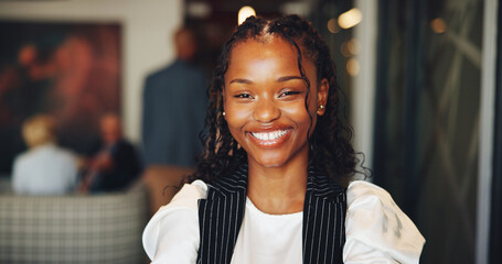 Business, portrait and smile of woman in lounge of convention center, waiting for conference....