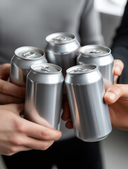 Friends toasting with silver cans in a modern indoor setting