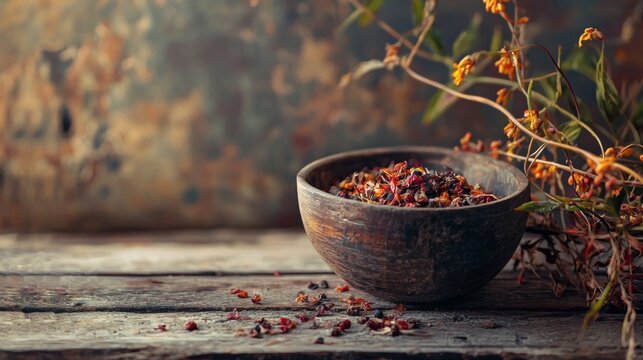 Spicy red peppercorns in wooden bowl autumn background rustic seasoning flavor botanical cooking spice photography