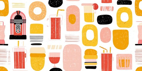 50s diner style pattern with jukebox shapes and retro signage icons, bold contrast and smooth repetition