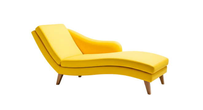 A modern yellow chaise lounge with a sleek design and wooden legs. The furniture piece is displayed on a transparent background, emphasizing its shape and color.