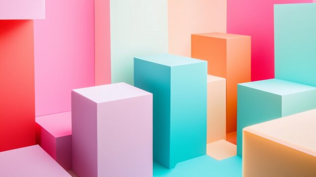 3D geometric pastel blocks arrangement minimal abstract shapes colorful modern design background artistic concept