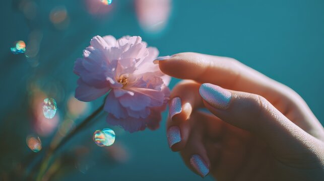 Close-up of hand with glitter nails touching pink flower in soft focus
