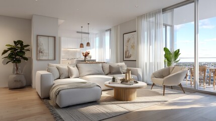 Fototapeta premium Bright modern living room with white sofa and round coffee table. Floor to ceiling windows over city skyline. Calm luxury lifestyle and success mood. Ideal for real estate, interior design