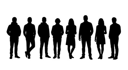Adobe illustrator artwork vector illustration: A diverse group of business professionals, silhouetted in black, stand together holding documents and briefcases, symbolizing teamwork and collaboration