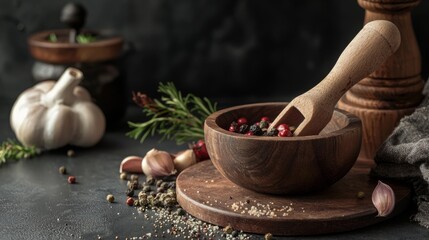 Obraz premium Wooden table with spices garlic and mortar rustic kitchen preparation ingredients cooking herbal culinary flavor
