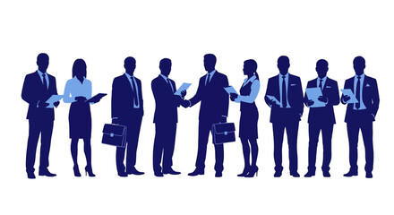 Adobe illustrator artwork vector illustration: A diverse group of business professionals, silhouetted in black, stand together holding documents and briefcases, symbolizing teamwork and collaboration