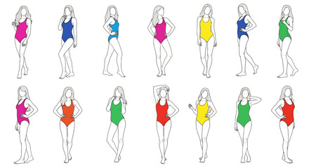 
Adobe illustrator artwork vector illustration: A set of detailed outlines of women in colorful bikini swimsuits, showcasing various poses and body types on a white background