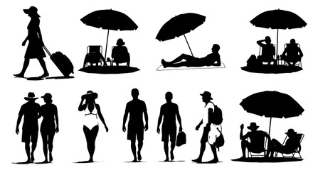 Adobe illustrator artwork vector illustration: set of black silhouette vector illustrations of diverse people enjoying a beach day, individuals walking, relaxing under umbrellas, and  carrying luggage