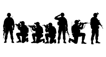 Adobe illustrator artwork vector illustration: Set of black silhouette vector illustrations of soldiers army in combat gear with rifles, in standing, kneeling, and saluting poses